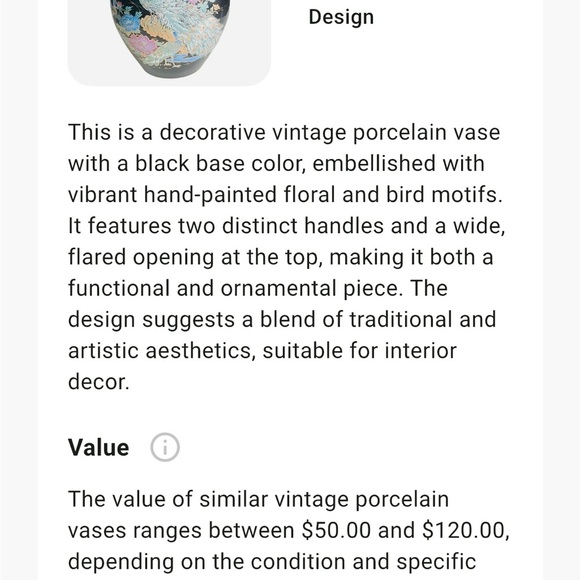 Vintage porcelain vase black hand painted floral bird detail wide handles/openin - Picture 12 of 12